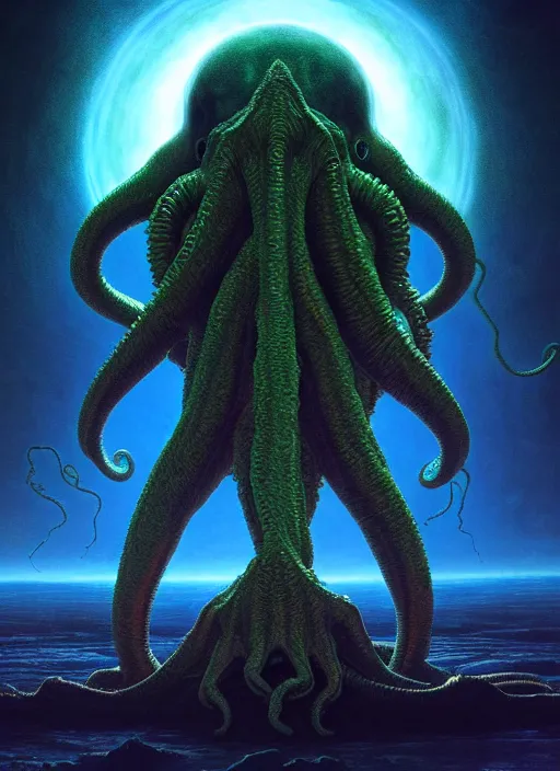 Image similar to symmetry!! stunning monstrous cosmic horror cthulhu with space in the background!! lovecraftian horror, cosmic space horror!! cinematic lighting, muted colours, digital art, winning award masterpiece, fantastically beautiful, aesthetically inspired by wayne barlowe and gerald brom, trending on artstation, art by greg rutkowski, octane render, unreal engine, 8 k