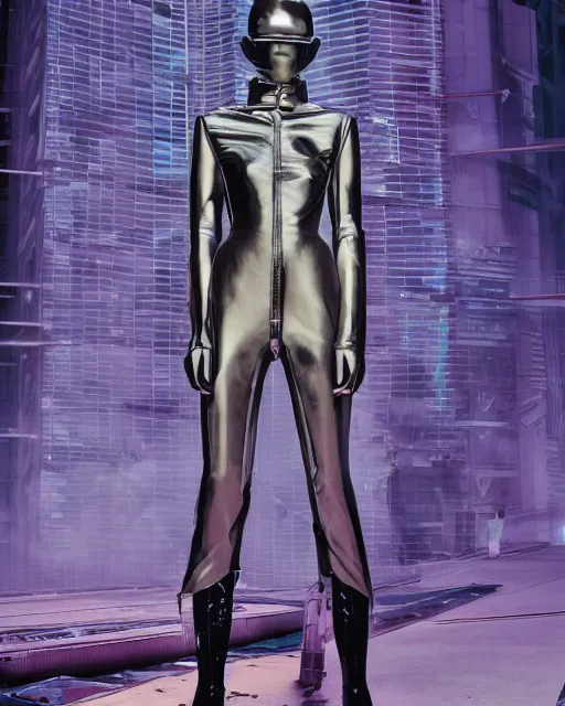 Prompt: an award winning fashion photograph of Balenciaga's fashion week 2049 campaign by Catherine Opie and Hajime Sorayama, Demna Gvasalia, cyberpunk, futuristic, Bladerunner 2049, dazzle camouflage!