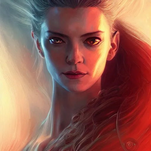 Prompt: cyberpunk galadriel, ethereal, half-body portrait, Lord of the Rings, Neuromancer, science fantasy, portrait, highly detailed, digital painting, artstation, concept art, sharp focus, illustration, art by artgerm and greg rutkowski and magali villeneuve, red white and gold color scheme