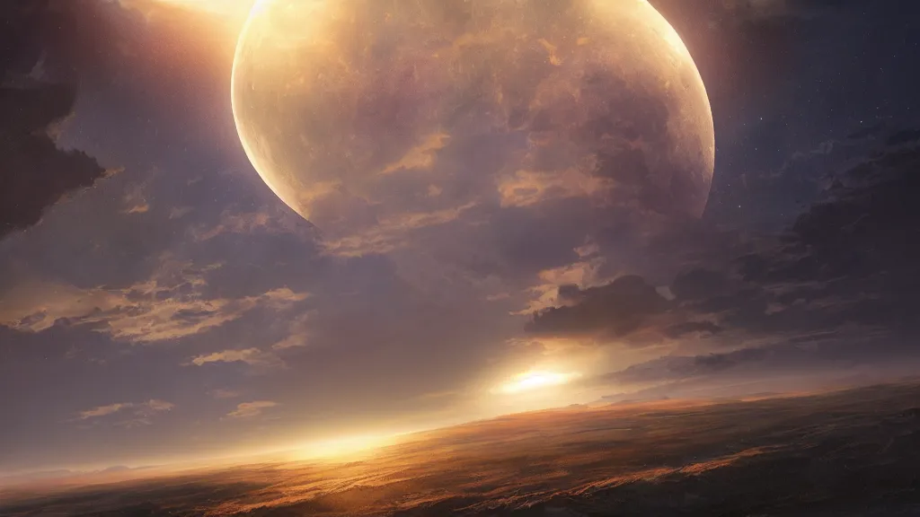 Prompt: the moon falls on the earth, there are three suns in the sky, art by Jessica Rossier,