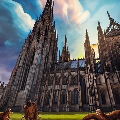 Prompt: a hyper real comic book style portait painting of the cathedral of cologne germany in the stone age with dinosaurs, unreal 5, hyperrealistic, octane render, cosplay, rpg portrait, dynamic lighting