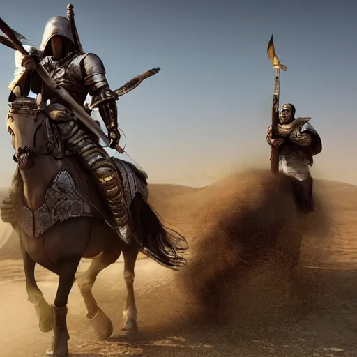 Image similar to middle eastern warrior on his horse the guy is holding a strong heavy sword the weather is foggy and the ground is muddy the horse have a heavy armour on his body photo - realistic unreal engine 5