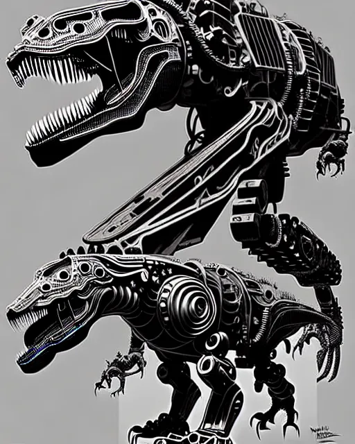 Prompt: a cyberpunk intricate mechanical robot t - rex dinosaur, transformer, high details, symmetry, bold line art, by vincent di fate and joe fenton, inking, etching, screen print, masterpiece, character concept art, trending on artstation, sharp, high contrast, hyper detailed,, hd, 4 k, 8 k