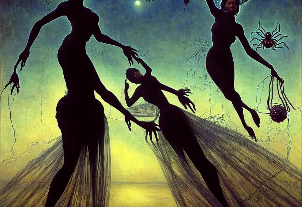 Prompt: realistic detailed portrait movie shot of a single beautiful black woman in a transparent sheer fabric dress dancing with a giant spider, futuristic sci fi landscape background by denis villeneuve, jean delville, yves tanguy, ernst haeckel, alphonse mucha, max ernst, caravaggio, roger dean, sci fi necklace, masterpiece, dreamy, rich moody colours