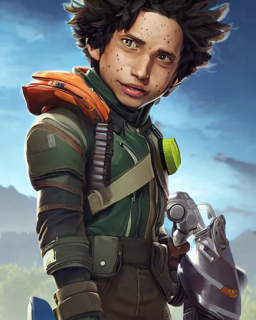 Prompt: Deku as an Apex Legends character digital illustration portrait design by, Mark Brooks and Brad Kunkle detailed, gorgeous lighting, wide angle action dynamic portrait