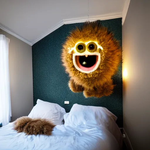 Image similar to fuzzy monster floating in my room at night, photograph