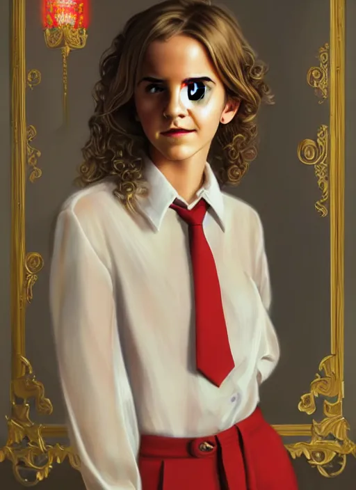 Image similar to portrait of teenage emma watson, long haircut, flowing blonde curly hair, white shirt, red tie, smiling kindly, soviet house at background, 1 9 8 0 s, intricate, elegant, glowing lights, highly detailed, digital painting, artstation, concept art, smooth, sharp focus, illustration, art by wlop, mars ravelo and greg rutkowski