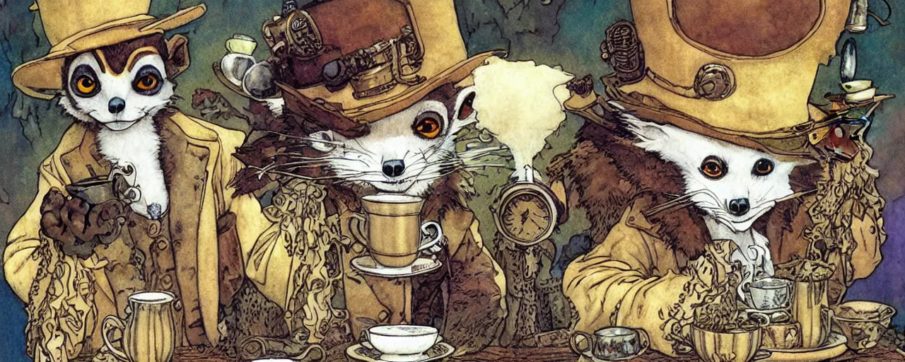 Image similar to an steampunk lemur having a cup of tea, muted colors, by rebecca guay, michael kaluta, charles vess and jean moebius giraud