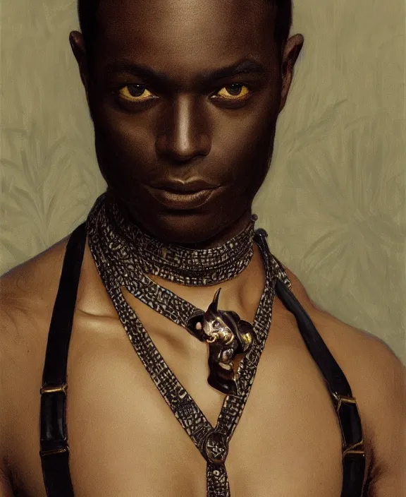 Prompt: a dark skinned man wearing an intricate and detailed inticate suspenders set, wrapped in a python, honey birdette, realistic renaissance portrait, highly detailed, digital painting, artstation, concept art, smooth, sharp focus, cinematic lighting, art by john collier, artgerm and greg rutkowski and alphonse mucha and jacques louis david