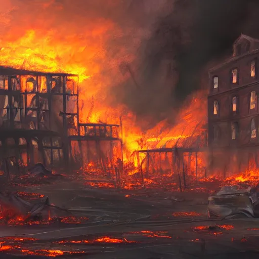 Image similar to a scene of utter destruction, with fires burning and buildings collapsing. painting, digital art, harsh lighting, 4 k hd wallpaper, trending on art station