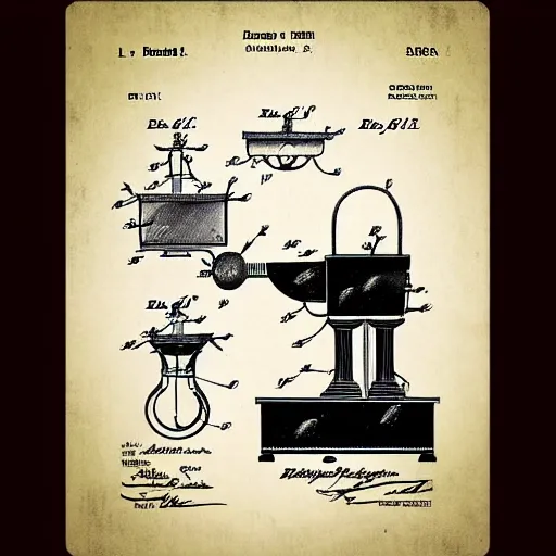 Image similar to plans for a horse - drawn coffee grinder in the style of thomas edison. patent filing. detailed. hd