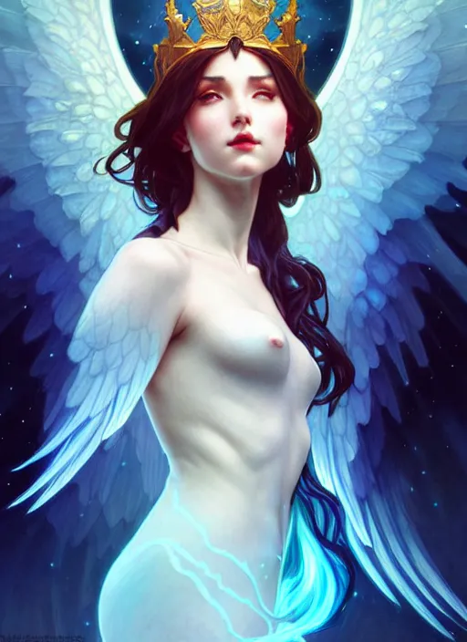 Image similar to a beautiful cinematic female archangel queen, fantasy sea landscape, fantasy magic, short aqua blue black fade hair, dark light night, intricate, elegant, sharp focus, illustration, highly detailed, digital painting, concept art, matte, art by WLOP and Artgerm and and Alphonse Mucha, masterpiece