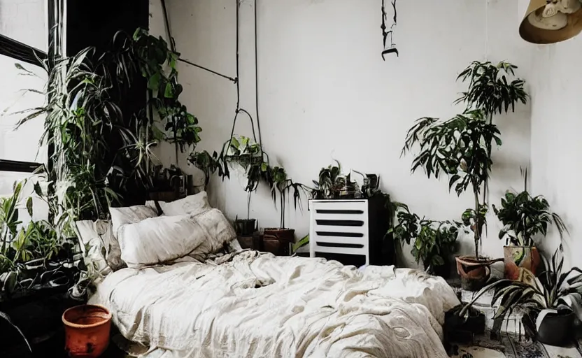 Image similar to saudi arabian bedroom interior, minimalism, punk, bed, neon, modernism, persian design, beige, black, wood, industrial, pipes, rust, little windows, plants, retro futurism, swedish design