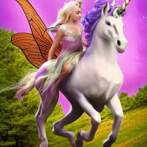 Prompt: photo of a fairy riding a unicorn, highly detailed