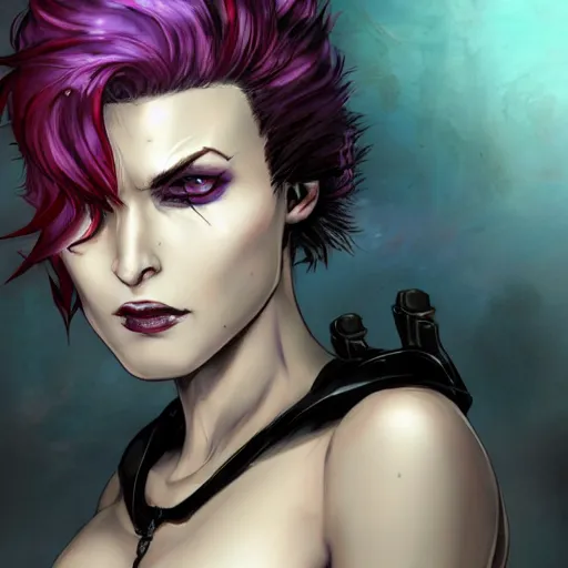 Image similar to extreme close up portrait, pale woman with flowing purple hair in rusty sci - fi power armor, high detail, eyepatch, covered eye, black and red background, stoic, elegant, muscles, powerful, commanding, by stjepan sejic, sunstone, dc comic, marvel comic