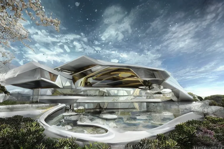 Image similar to futuristic luxurios chic mansion with Singaporean gold lush garden, white and royal blue theme, sakura season, advanced, top tier architecture house, at Salar De Uyuni, Hexagonal formations on the surface of salt crystallization, sandwiched between sedimentary deposits, bubbling geysers, marvellous reflection of the sky, digital painting, concept art, smooth, sharp focus, from Star Trek 2021, illustration, by WLOP and Ruan Jia and Mandy Jurgens and William-Adolphe Bouguereau, Artgerm