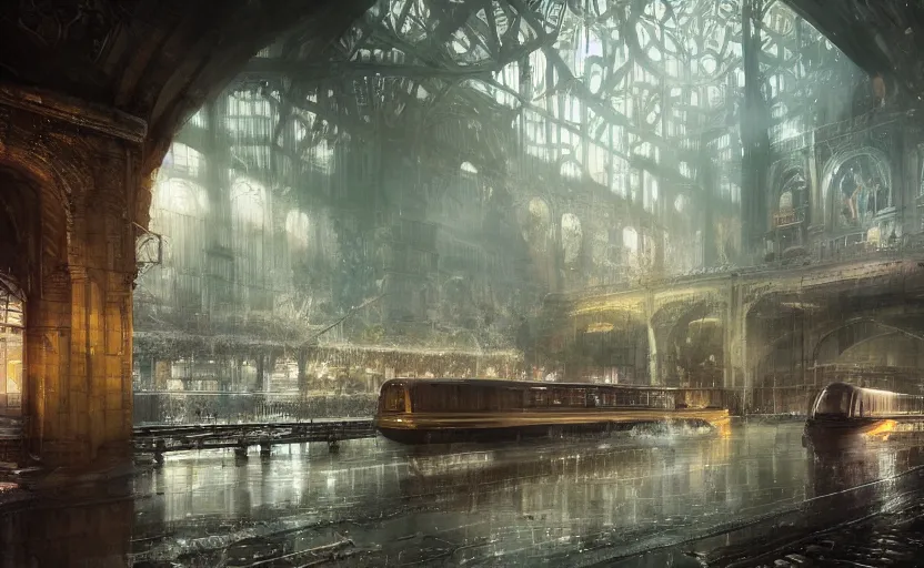 Prompt: An urban train rides inside of a waterway on a fantasy city, next to a fountain and a mystical palace, intricate, elegant, volumetric lighting, digital painting, highly detailed, artstation, sharp focus, illustration, concept art, ruan jia, steve mccurry