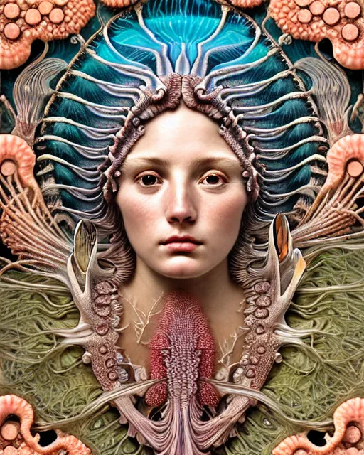 Image similar to hyperrealistic detailed underwater face portrait of the beautiful goddess of the fish skeletons with an intricate headgear of corals, sea kelp, sea plants, fish, starfish, jellyfish, art by ernst haeckel, john william godward, android jones, alphonso mucha, h. r. giger, gothic - cyberpunk, ornamental, beautiful deep colours,