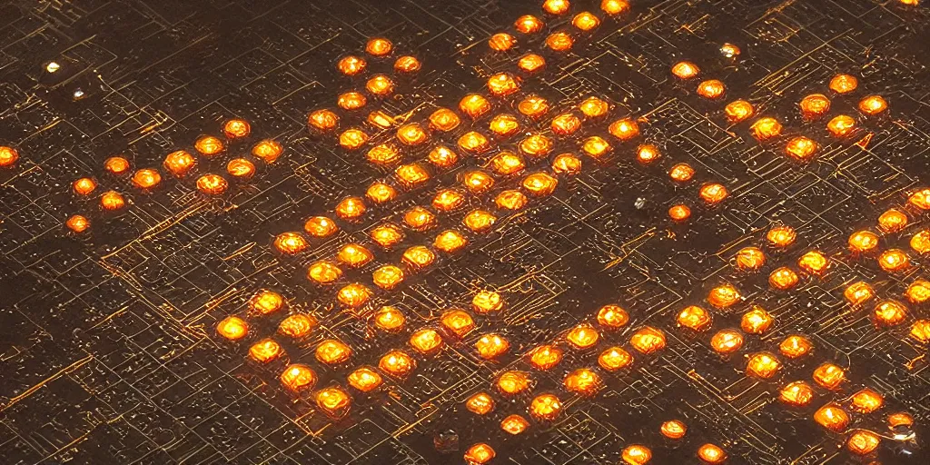 Image similar to 9-track machines made of digital grids and glowing stones with embedded LEDs. amber glowing screens.