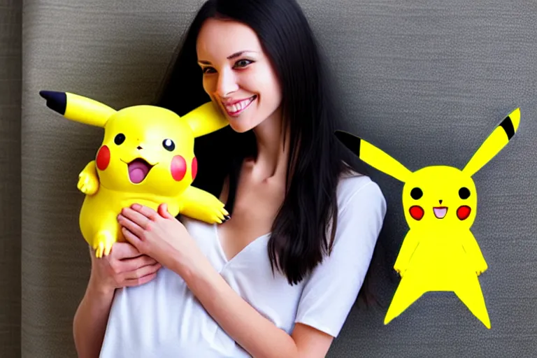 Prompt: a young skinny woman with long dark hair hugging a pikachu