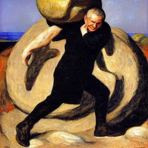 Image similar to a painting of benjamin netanyahu as sisyphus, carrying boulder, by franz stuck