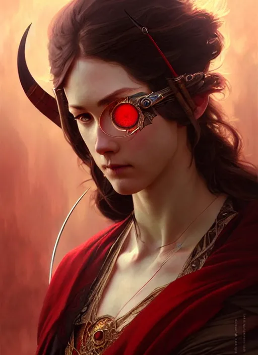 Image similar to portrait of a dnd archer, red eyes, intricate, elegant, sharp focus, illustration, highly detailed, digital painting, concept art, matte, art by wlop and artgerm and greg rutkowski and alphonse mucha, masterpiece