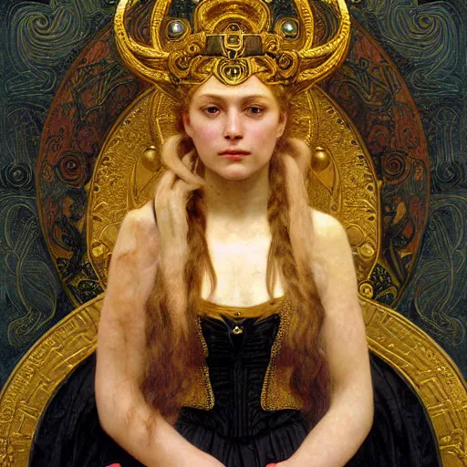 Image similar to painting portrait of Hel goddess of the death, viking culture, intricate, elegant, digital painting, smooth, sharp focus, shiny gold, realistic gold, realistic metal, by William-Adolphe Bouguereau and Gustav Klimt,