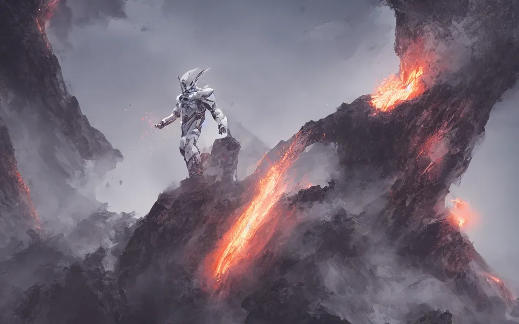 Image similar to a man in white armor flies from volcano , symmetry, intricate, highly detailed, artstation trending, ray tracing, cinematic, art by andrey surnov, concept art,
