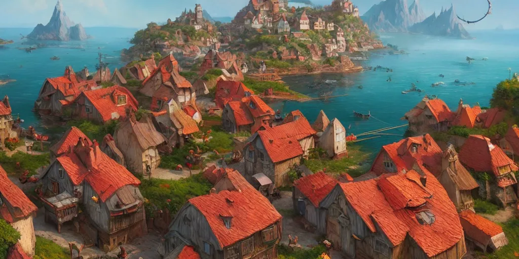 Image similar to Cozy small fantasy village on a cape, red roofs, fishing boats, view from above. In style of Greg Rutkowski, Jesper Ejsing, Makoto Shinkai, trending on ArtStation, fantasy, great composition, concept art, highly detailed, scenery, 8K, Behance.
