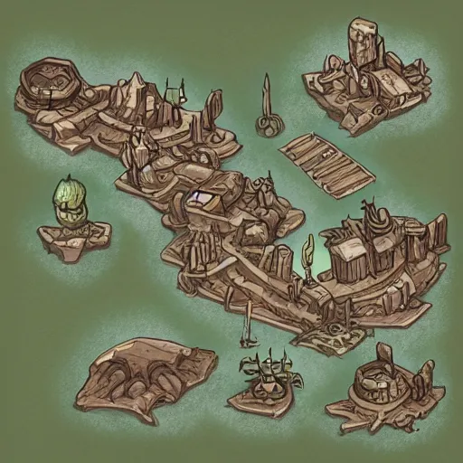 Image similar to an illustrated fantasy map of a small outpost. junk planet. d & d. clear design. minimal.