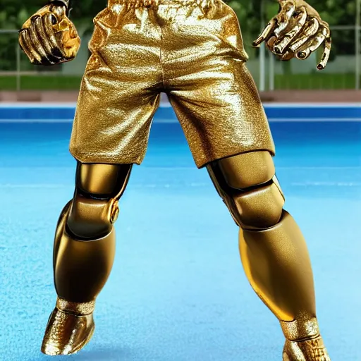 Prompt: a realistic detailed photo of a guy who is an attractive humanoid who is half robot and half humanoid, who is a male android, soccer player cristiano ronaldo, shiny skin, posing like a statue, blank stare, by the pool, on display, showing off his muscles, humanoid robot, gold soccer shorts