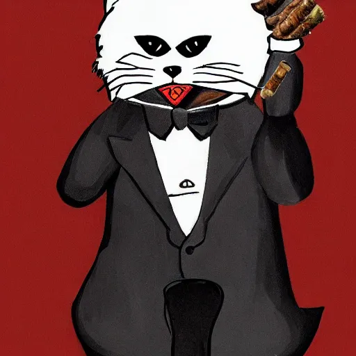 Image similar to black cat smoking cigar and wearing suit.