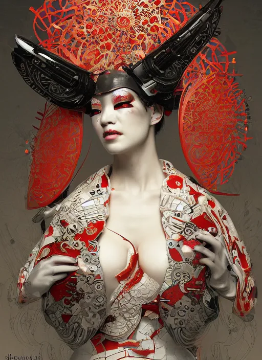 Prompt: portrait of a sensual cyberpunk geisha cyborg with headpiece, imari, modern fine art, fractal, in the style of ghosts in the shell, intricate ornaments, elegant, highly detailed, digital photography, subsurface scattering, by jheronimus bosch and greg rutkowski,