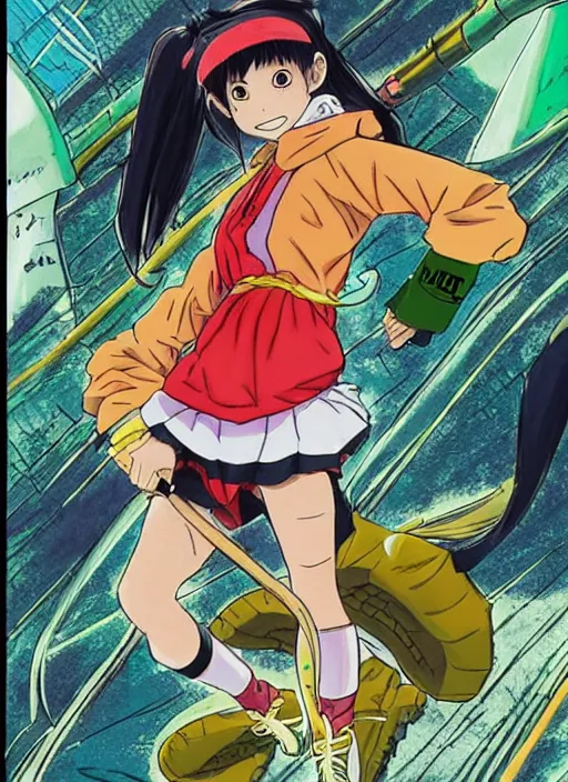 Image similar to a shonen jump color page illustration of a futuristic tennis girl wearing yeezy 5 0 0 sneakers and an anorak inspired in inuyasha by brian froud and frank frazetta