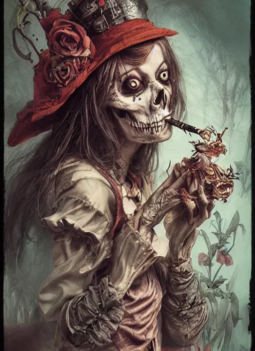 Image similar to Alice in Wonderland,smoking a pipe,death tarot card,highly detailed,half skull face,cinematic,8k,by Stanley Artgermm,Tom Bagshaw,Greg Rutkowski,Carne Griffiths, Ayami Kojima, Beksinski, Giger,trending on DeviantArt,hyper detailed,horror, full of colour