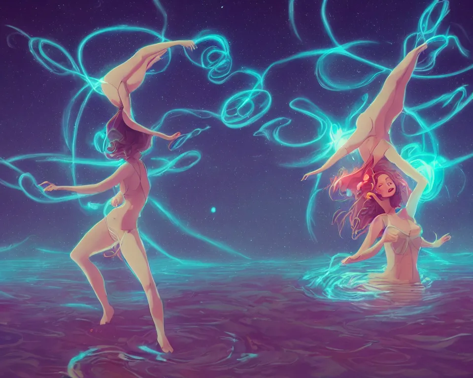 Image similar to a beautiful whimsical goddess floating above a lake basking in the moonlight, firebending, underneath a multi-colored binary blackhole with an accretion disc, glowing trails following her arms, wearing professional makeup, synthwave, by Lois van Baarle, by Greg Rutkowski, by artgerm, by beeple, by studio ghibli, cinematic angle, volumetric lighting, 4k resolution, octane render, trending on artstation, masterpiece