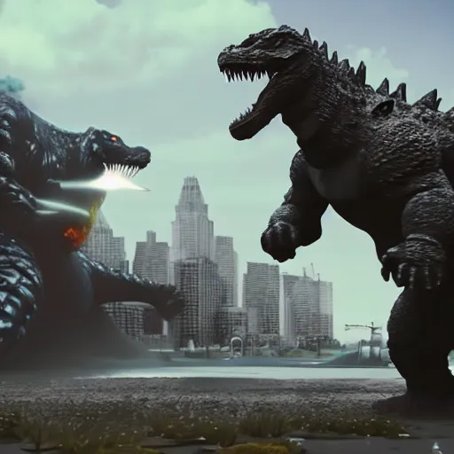 Prompt: nick clegg fighting godzilla, unreal engine, vfx, shaders, ray tracing, 3 d animation, sharp, vaporwave