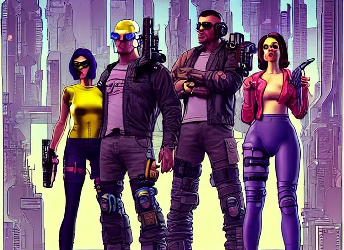 Image similar to cyberpunk heist team. portrait by stonehouse and mœbius and will eisner and gil elvgren and pixar. character design. realistic proportions. cyberpunk 2 0 7 7 character art, blade runner 2 0 4 9 concept art. cel shading. attractive face. thick lines. the team. diverse characters. shadowrun.