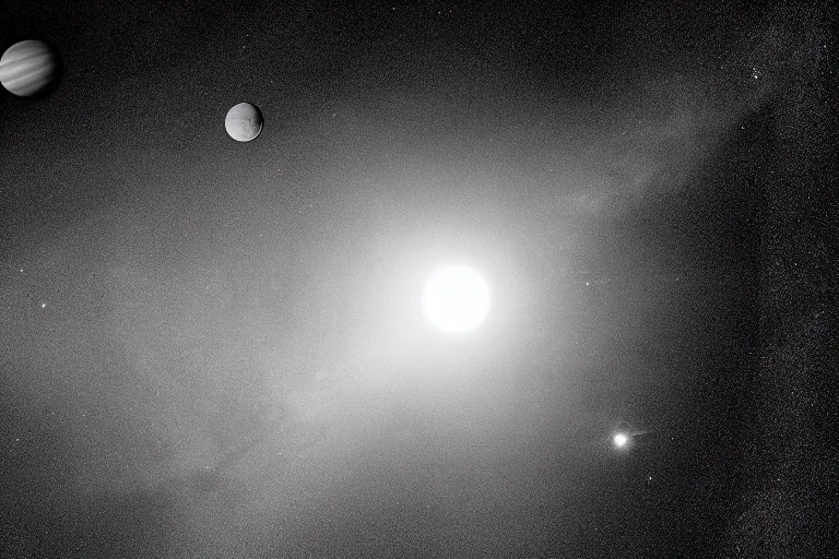 Image similar to a photo of the solar system, black and white, spielberg, cinematic 4 k, 3 5 mm film, cinematic 4 k