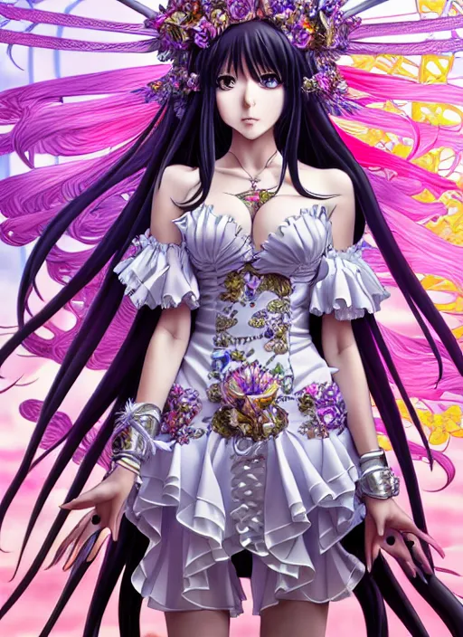 Prompt: highly detailed artstation minaba hideo anime poster of girl mechine, long hair, armor, hajime sorayama, dress, laces, ruffles, 8 k, rainbow gradient bloom, maximalist, takeshi obata, artgerm, alphonse mucha