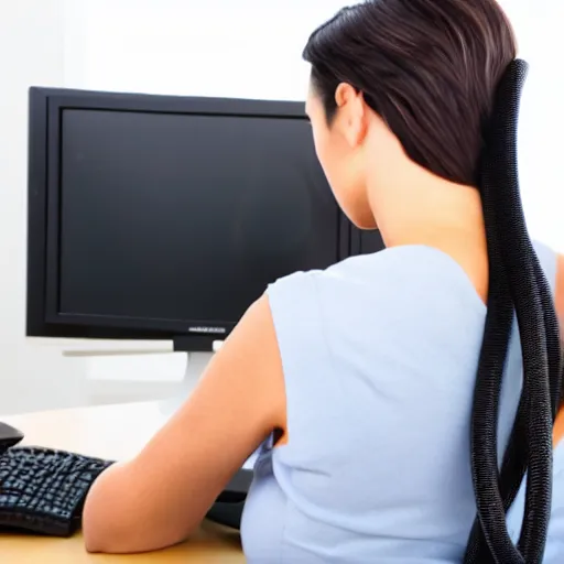 Image similar to black cable plugged in, back of head, woman, computer