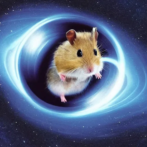 Prompt: hamster driving a spaceship through a black hole