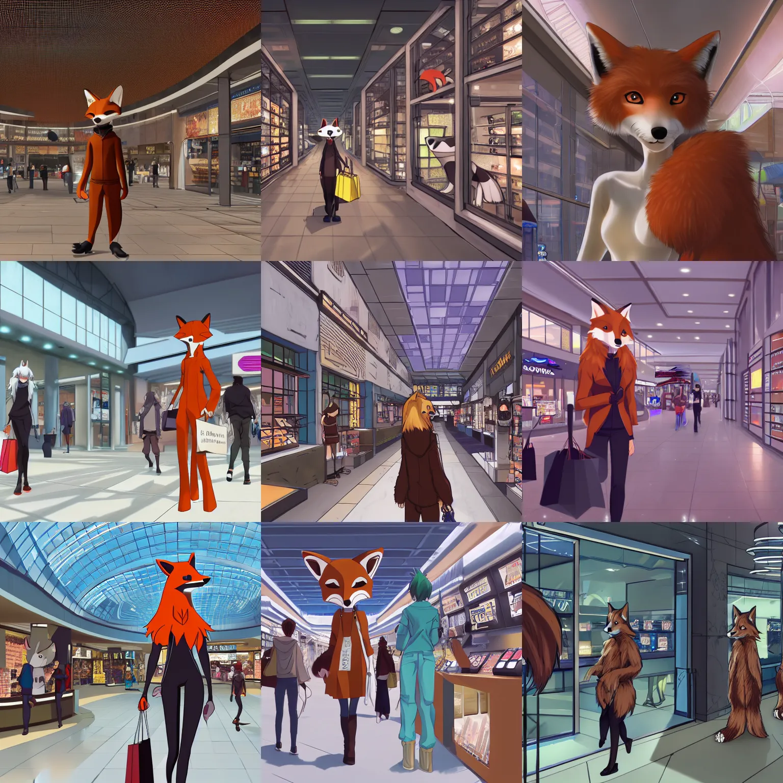 Prompt: an anthropomorphic furry fox shopping at a futuristic mall, photorealistic, anime, makoto shinkai, hibbary, dark natasha, goldenwolf, furaffinity