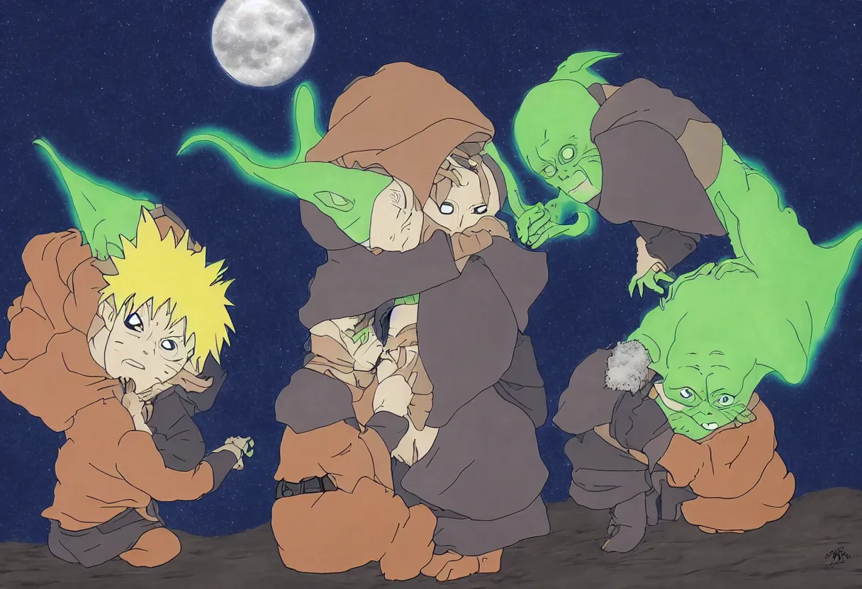 Prompt: yoda and naruto kissing under the moon