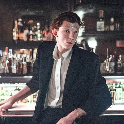 Prompt: tom holland at a 1 9 5 0's bar during a rainy night, cinematic lighting, photorealistic