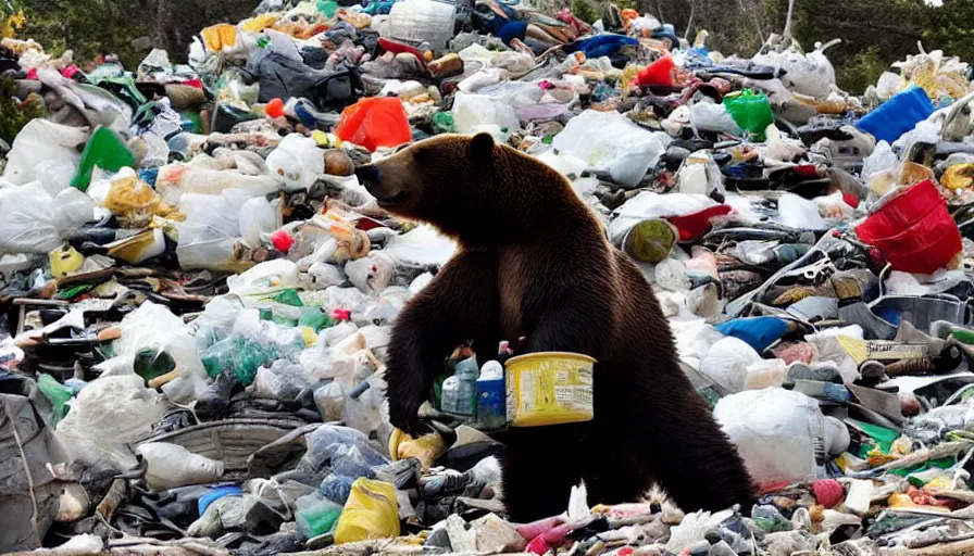 Prompt: a bear on top of a mountain of trash