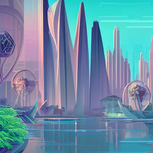 Prompt: beautiful happy picturesque charming organic futuristic sci - fi city in harmony with nature. water and plants. beautiful light. grainy and rough. soft colour scheme. beautiful artistic vector graphic design art by lurid. ( 2 0 2 2 )