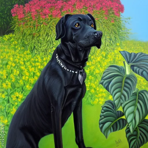 Image similar to oil painting of a black dog next to brugmansia suaveolens flowers, scary, realistic