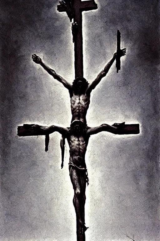 Image similar to jesus christ crucifixion by beksinski, fantasy, scary, award winning 8k