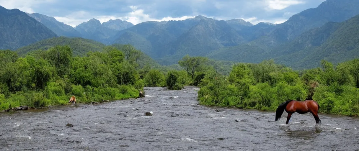 Prompt: horse passing through river!!, mountains in the background, vegetation, beautiful landscape